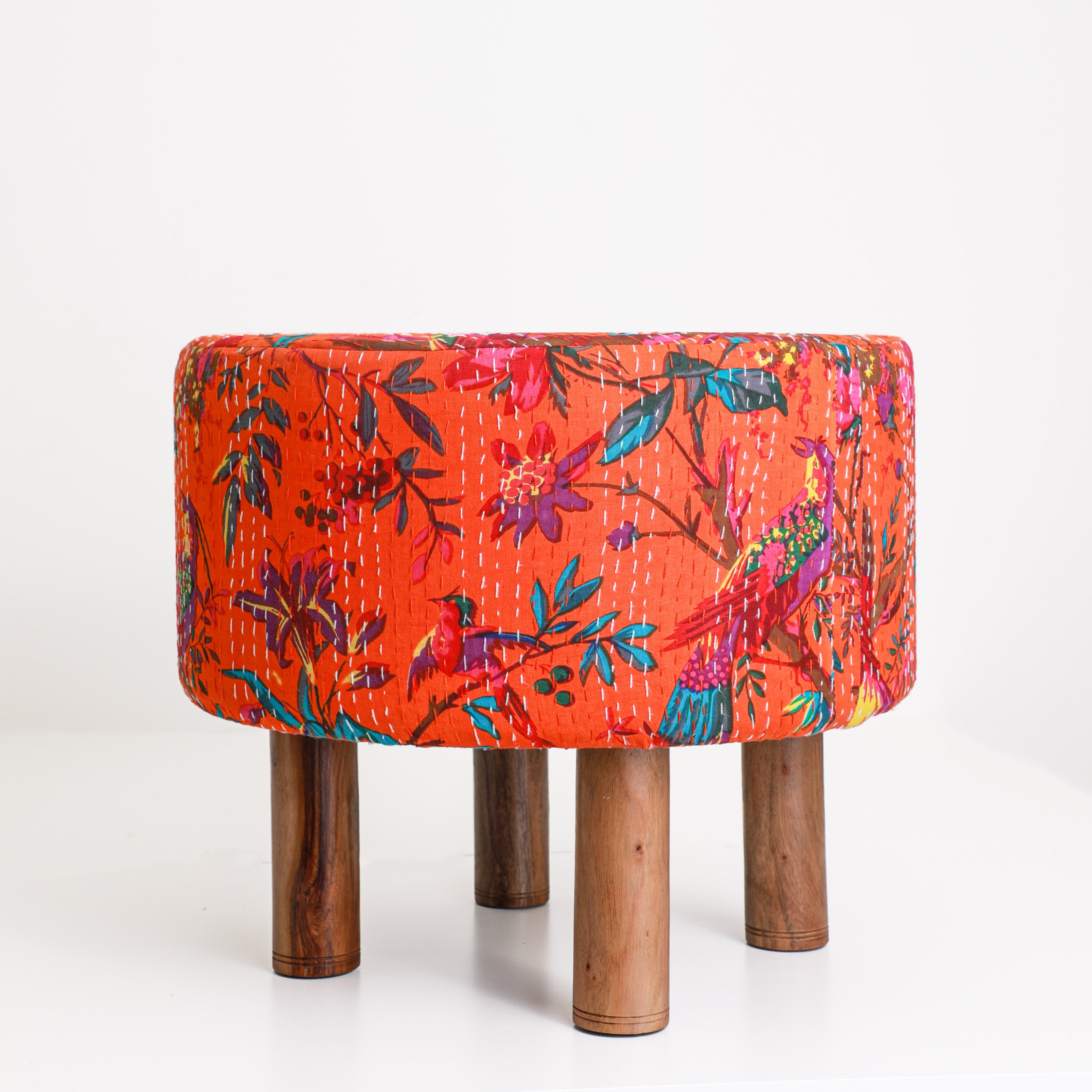 Orange kantha designer stool ottoman for sale in the USA