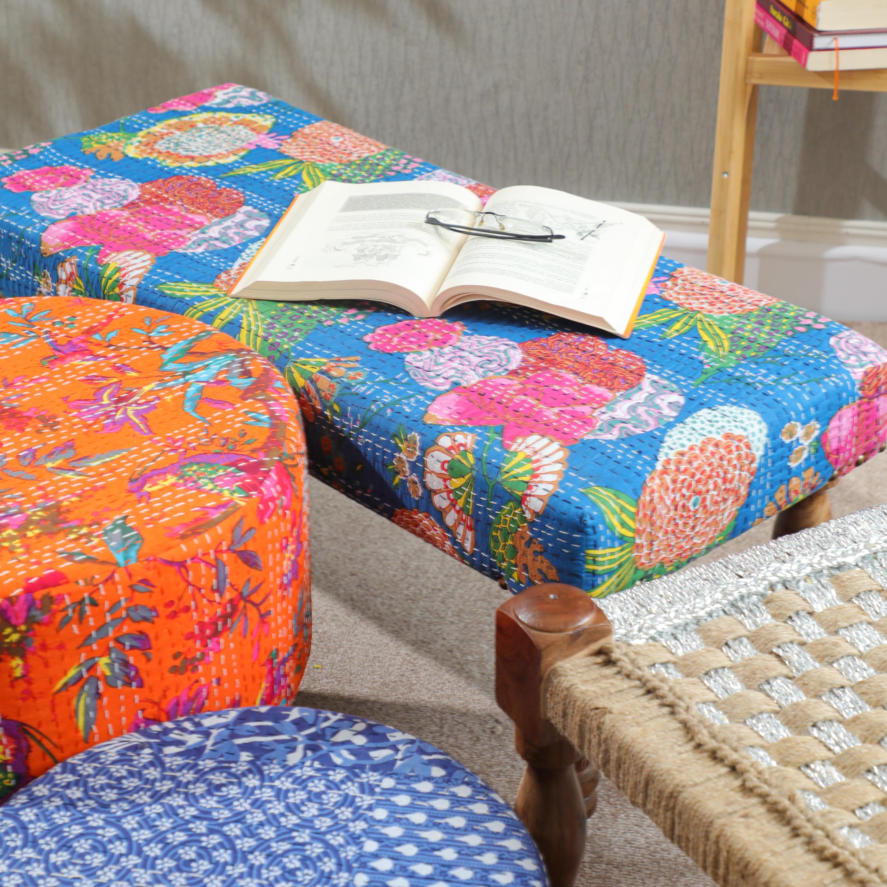 Fabric and Wooden Benches for Sale in the USA online Kantha Bench Indian style stools