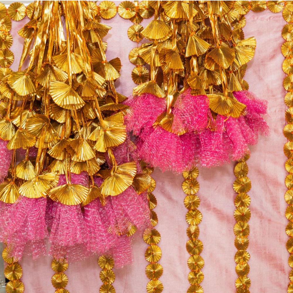 Golden Gota Bunch with Pink Net Fabric