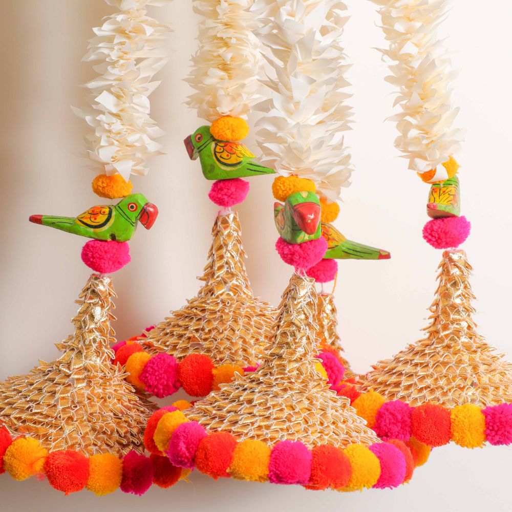 Parrot Hanging With Artificial Flower Garlands