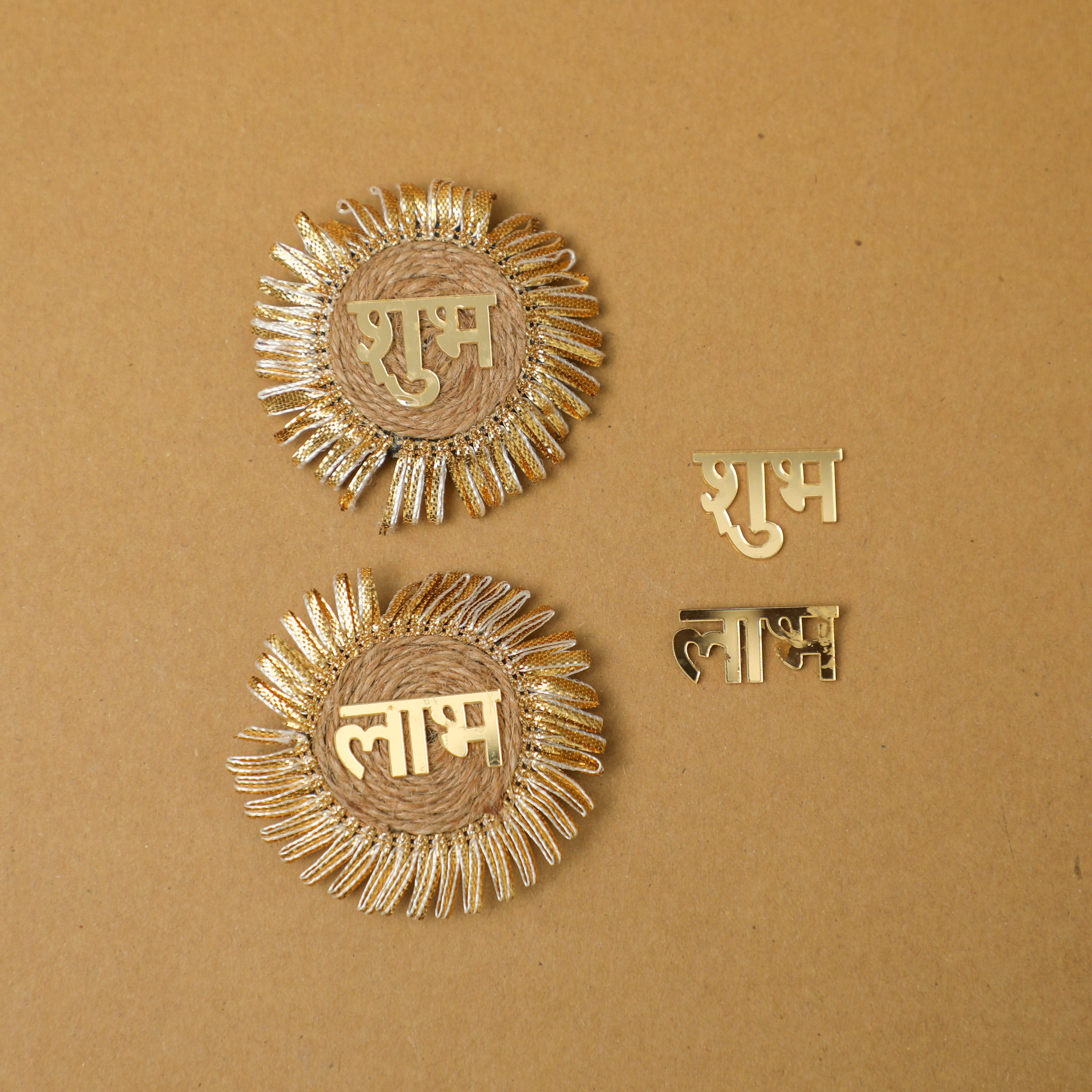 Shubh Labh stickers crafted from acrylic and jute 