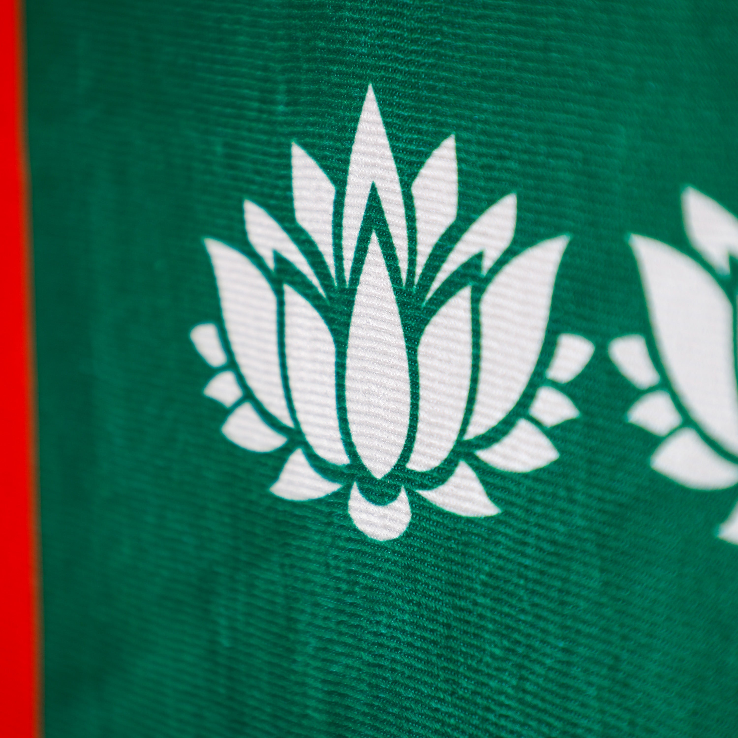 intricate with lotus motif patterns on green fabric