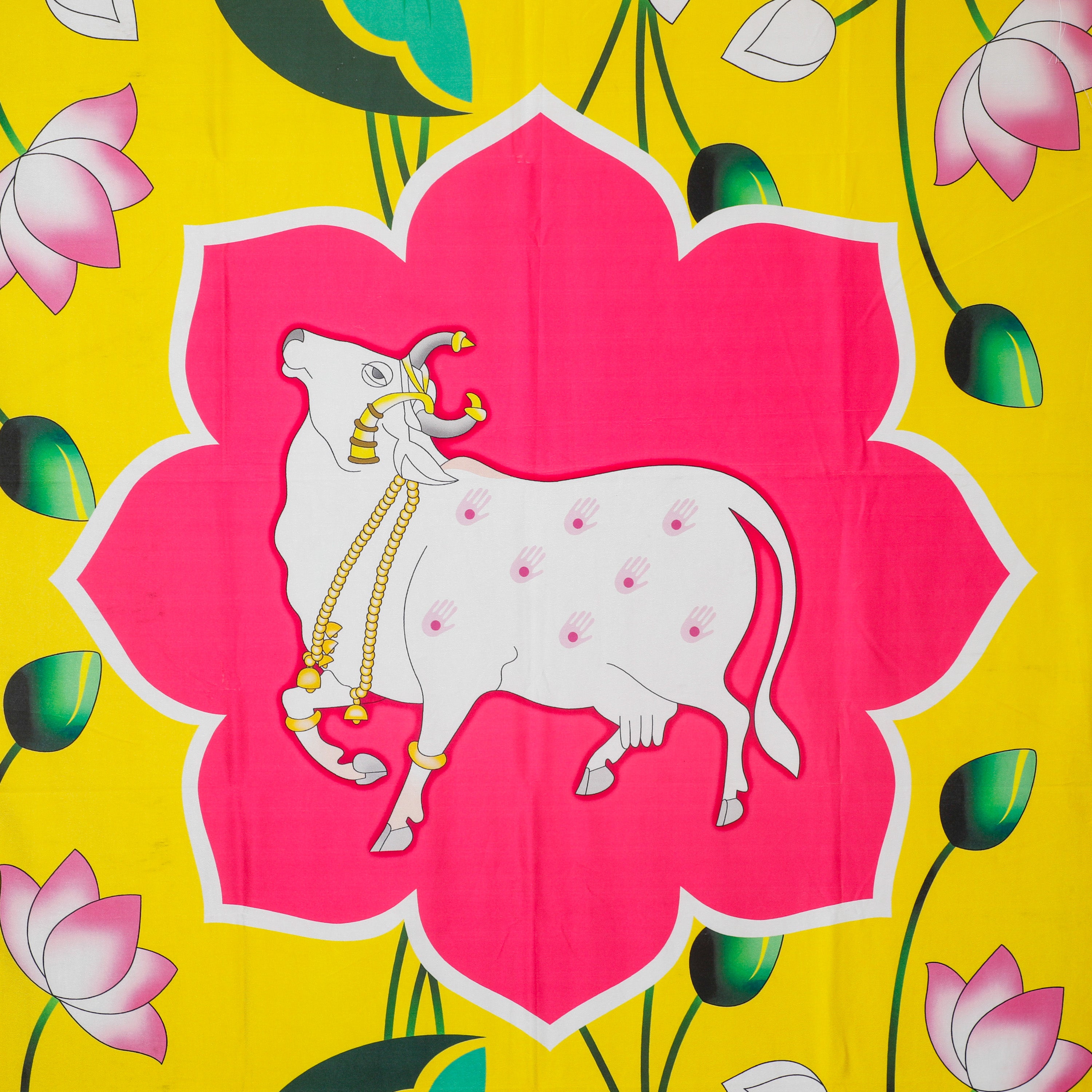 Beautifully printed Cow Art on pink Lotus Design