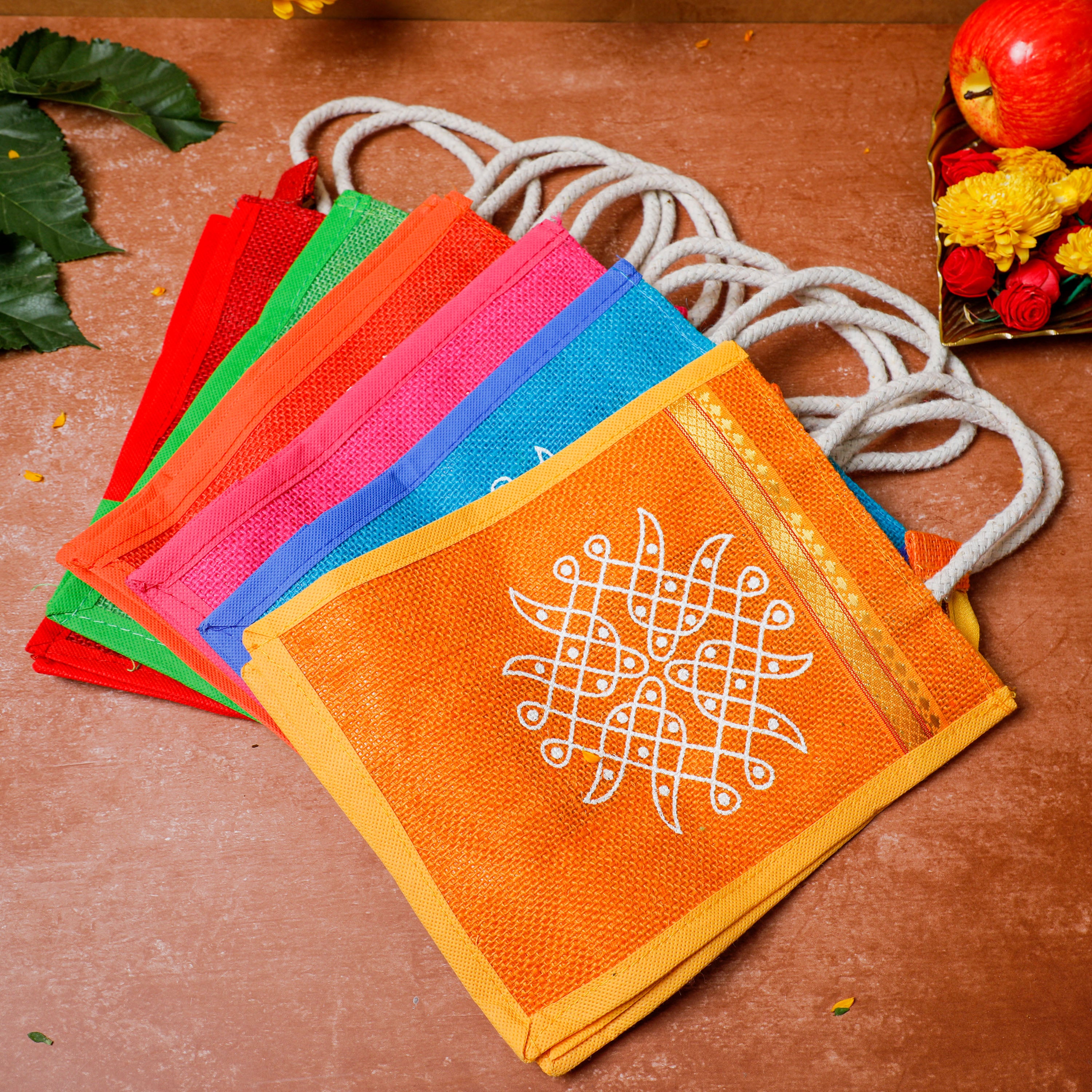 Multicolor Jute Bags with Contrast Kolam Art 