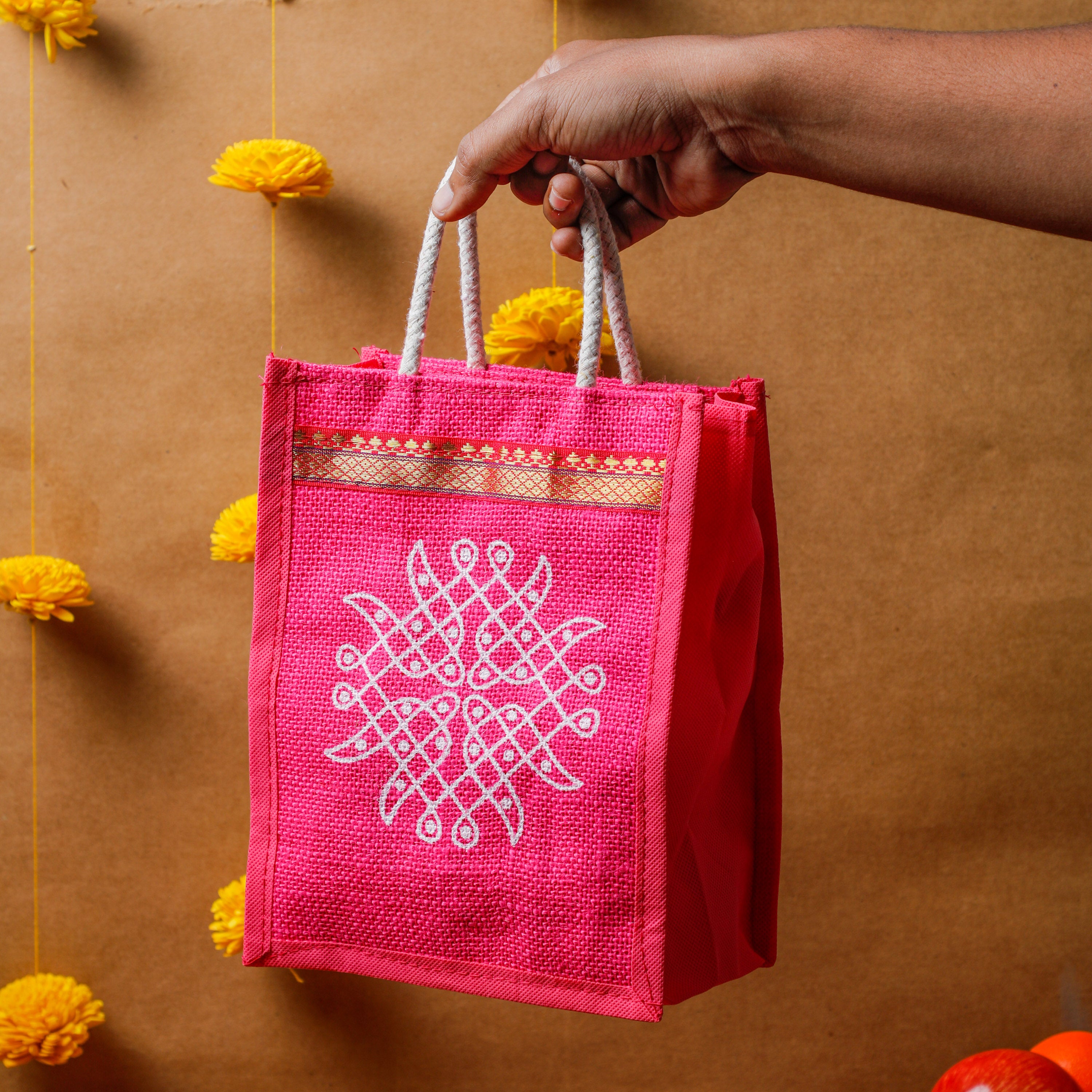 Jute Bags With Contrast Kolam Print for Return Gifts Thamboolam Bags  Wedding Gifts Lunch Bag Multicolor 1094 Inches Gifts - Etsy