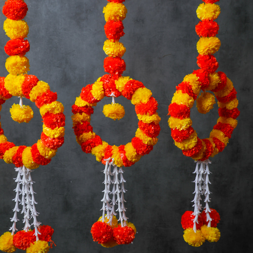 Marigold Flower Garland Ring crafted for decorative purposes, designed for hanging on the side.