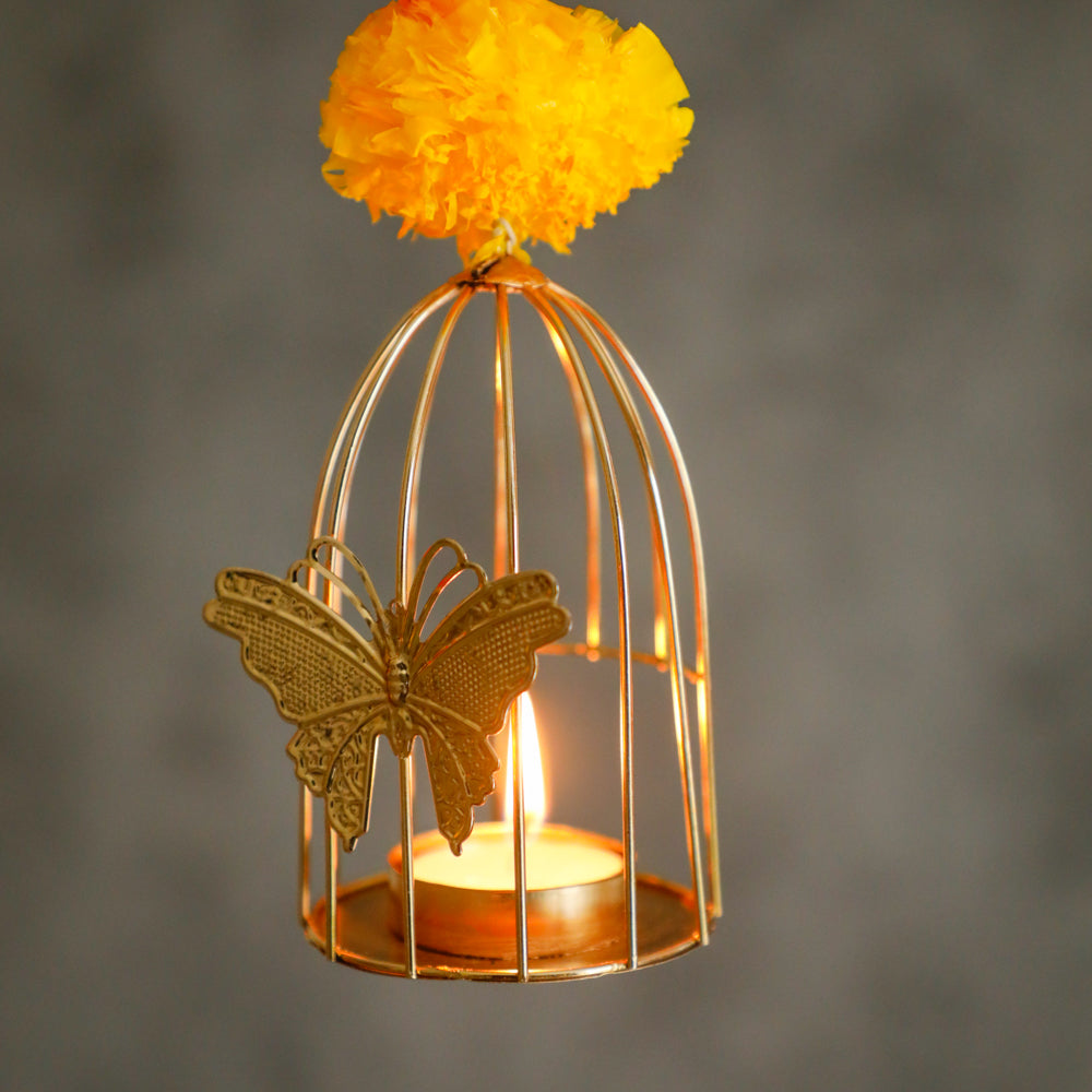 The intricately designed butterfly on a cage diya symbolizes the victory of light over darkness