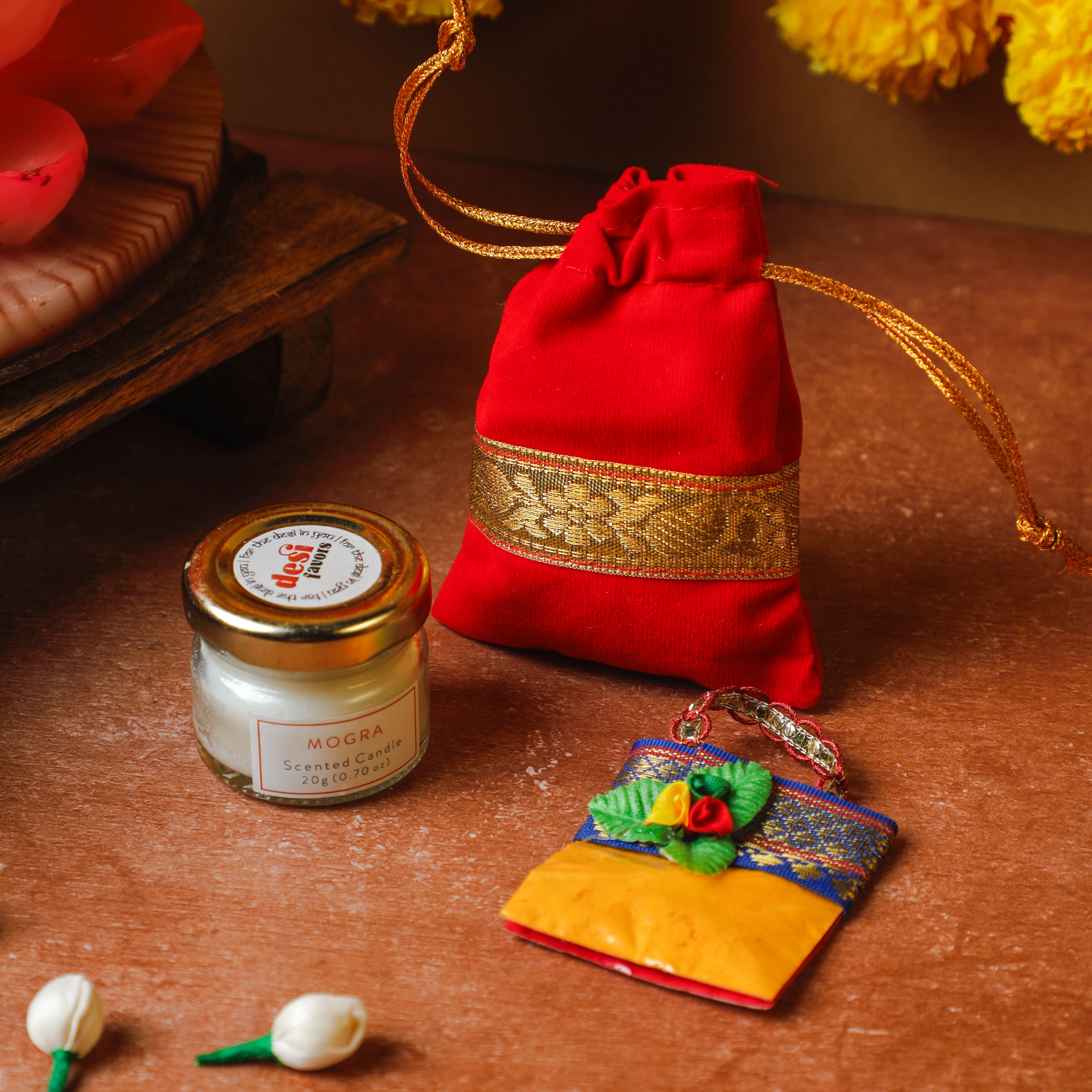 a luxurious red velvet potli, vibrant haldi kumkum gift set for varalakshmi vratam