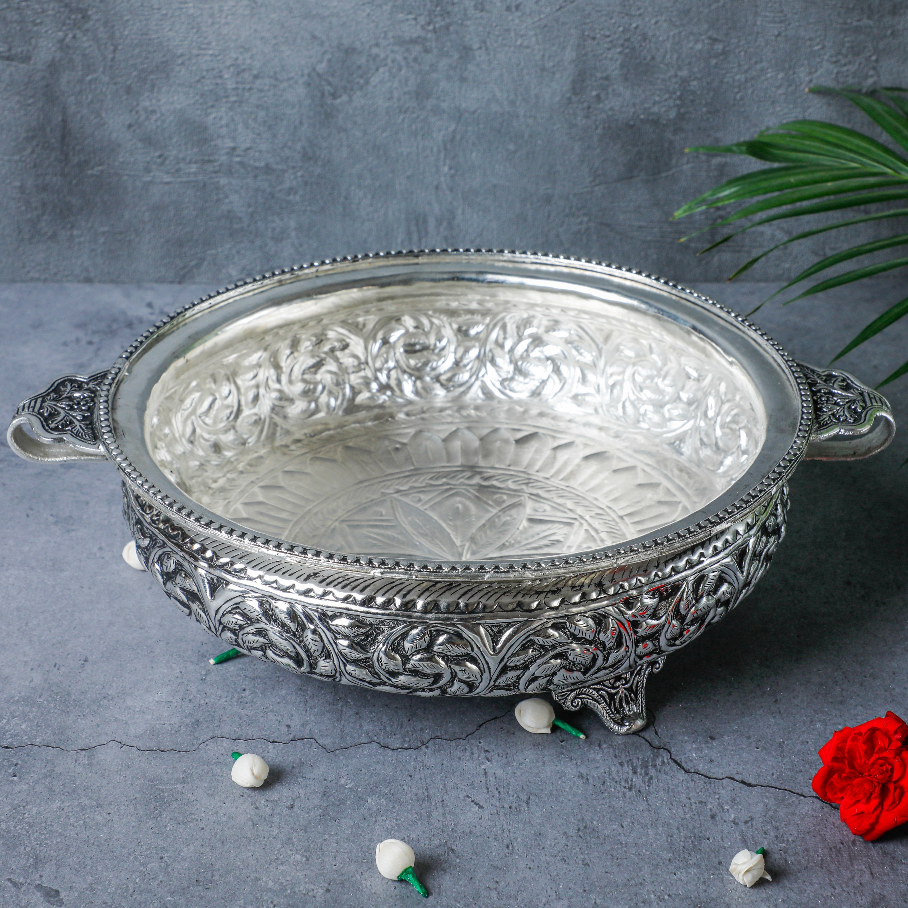 perfectly handcrafted German Silver floral Urli by Indian artisans