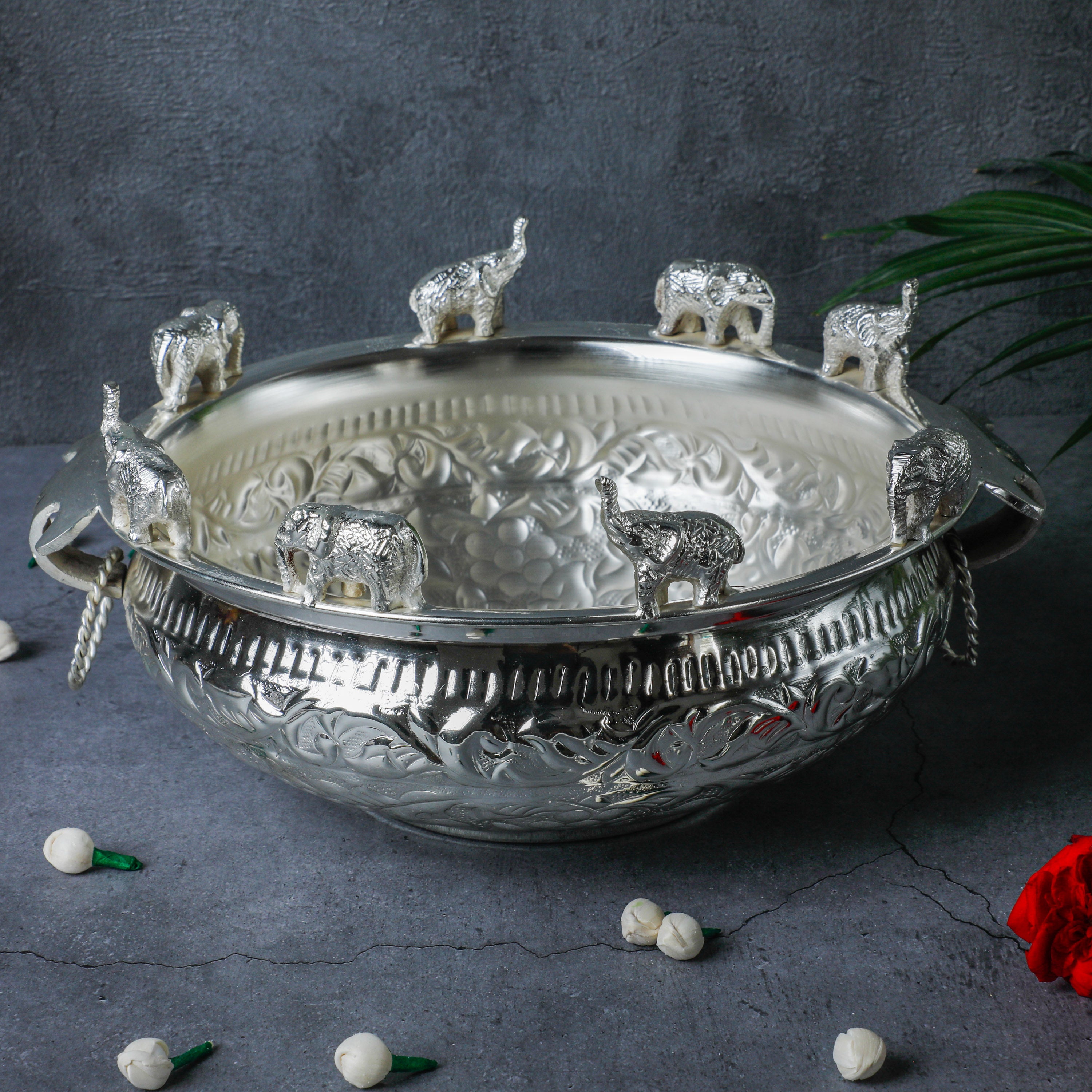 A gorgeous elephant decorative uruli for doorway, temple, and garden