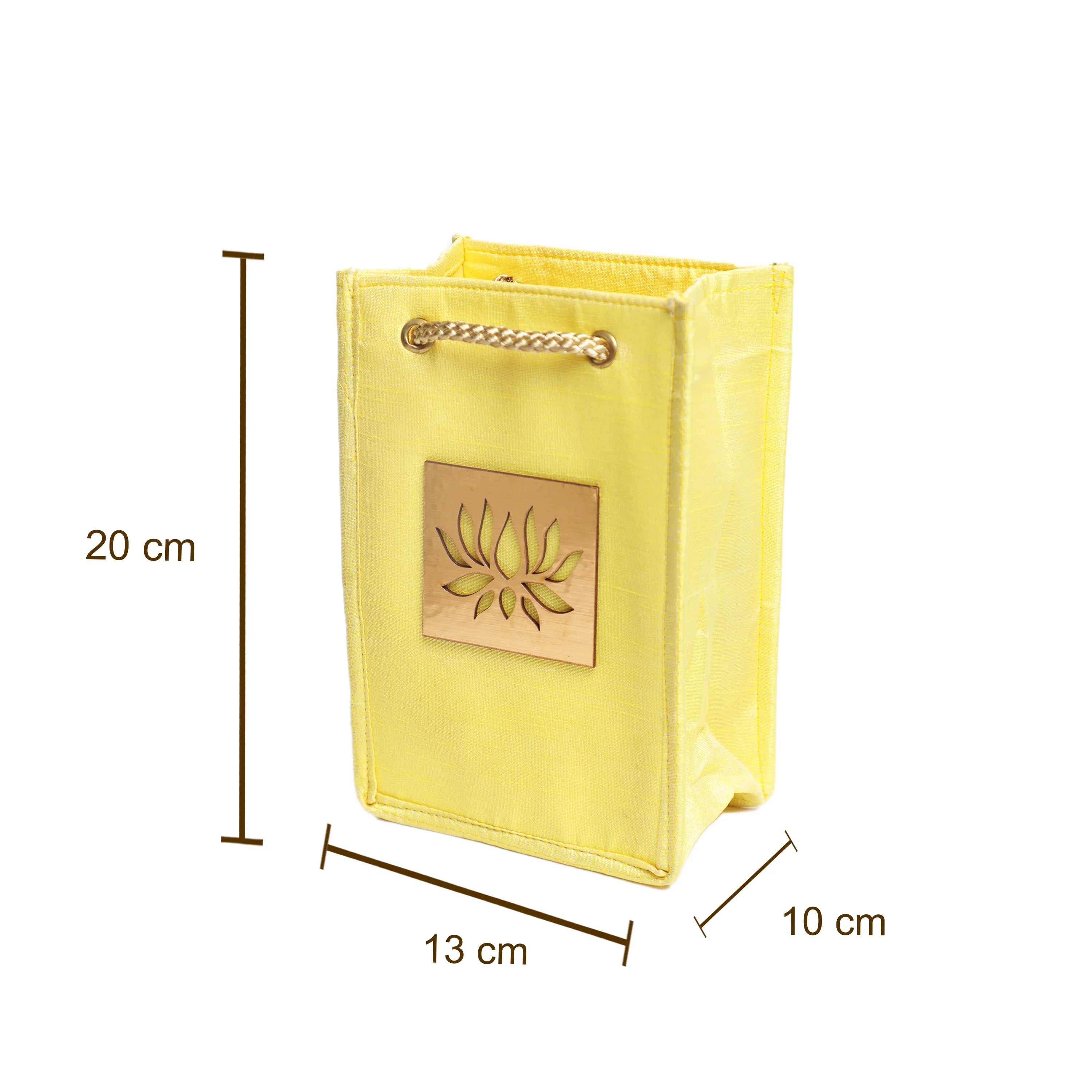 Yellow fabric tote bag with rope handles and a wooden front patch, shown with dimension lines indicating 20 cm height, 13 cm width, and 10 cm depth on a white background.