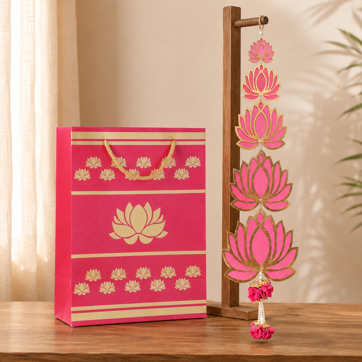 A pink and gold lotus-themed gift bag stands on a wooden table beside a matching vertical lotus garland on a wooden display stand. The bag and hanging ornaments feature gold lotus motifs and decorative bands on a bright pink background, with a softly lit indoor setting in the background.