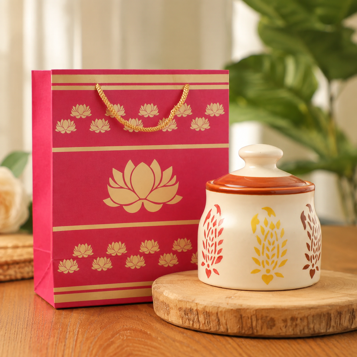 A decorative ceramic lidded jar with a cream body and multicolor botanical leaf motifs sits on a round wooden slice, next to a bright pink gift bag with gold lotus and stripe details, on a wooden table with a blurred indoor background.