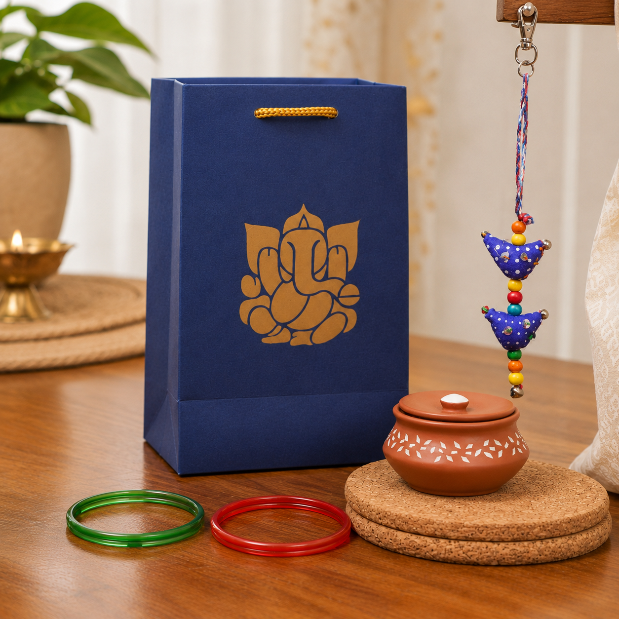 A dark blue Ganesha-themed gift bag stands on a wooden table beside a small terracotta pot on cork coasters, two bangles (one green, one red), and a beaded hanging ornament.