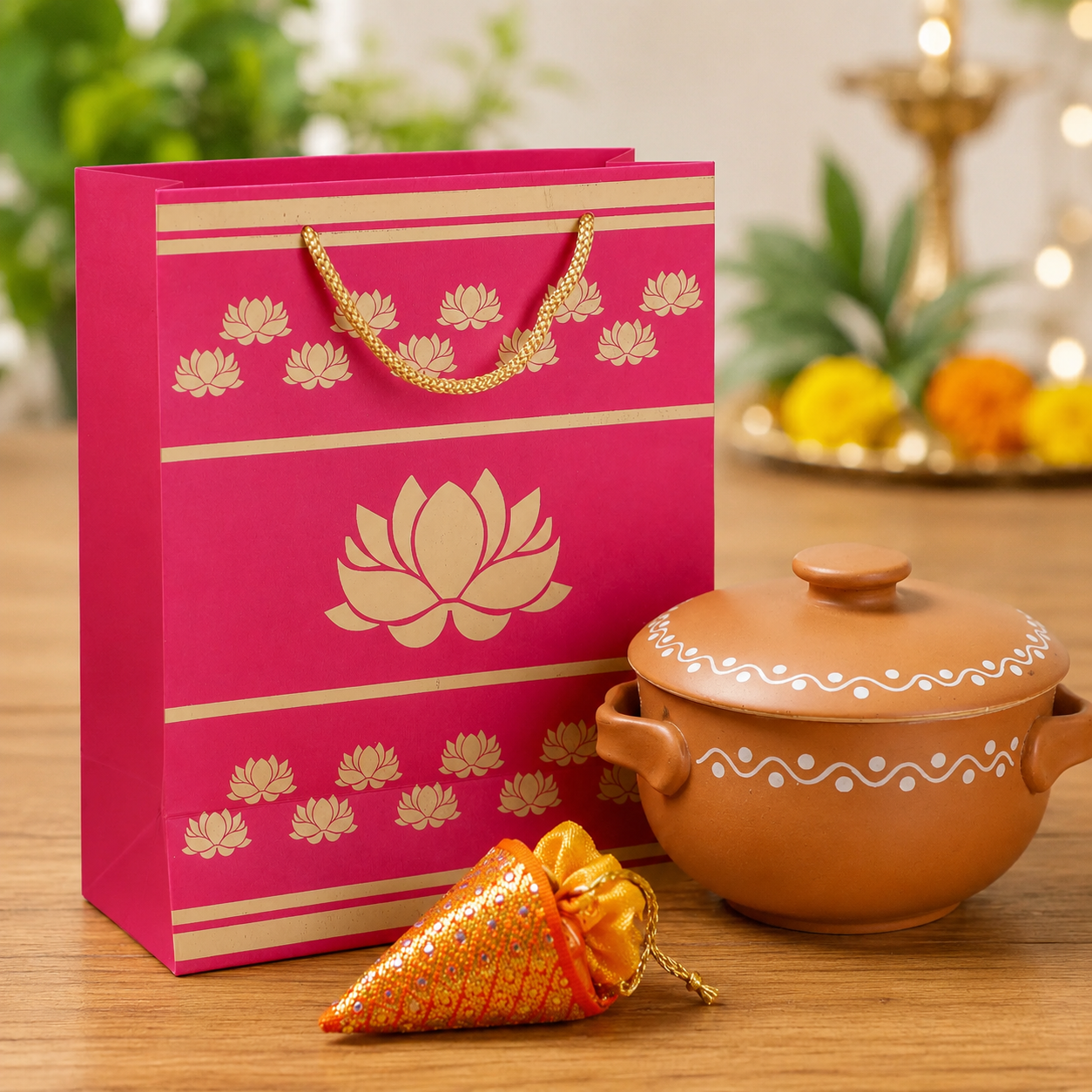 A pink and gold gift bag with a lotus design stands on a wooden table next to a terracotta clay pot and a small orange decorative cone-shaped ornament. The background is softly blurred with warm lights and greenery.