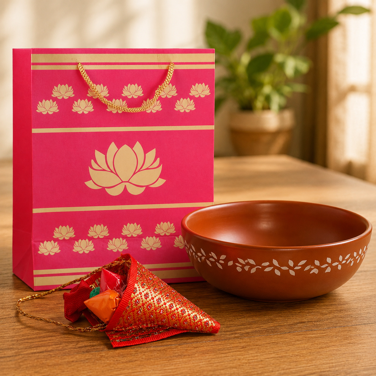 A bright pink gift bag with gold lotus motifs and rope handles stands on a wooden table beside a terracotta-colored bowl with white floral decoration. A small red and gold wrapped confection lies in front, with a softly blurred indoor background including a potted plant.