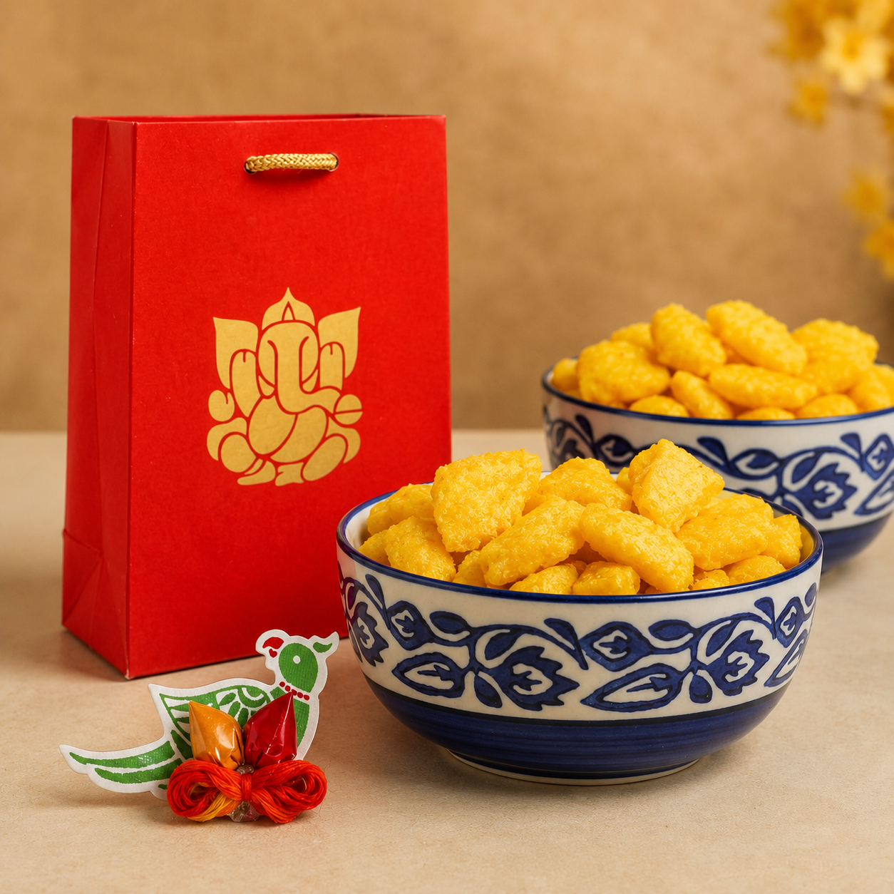 Yellow snack cubes served in two blue-and-white patterned bowls, with a red gift bag featuring a gold Ganesha emblem behind them on a beige surface.