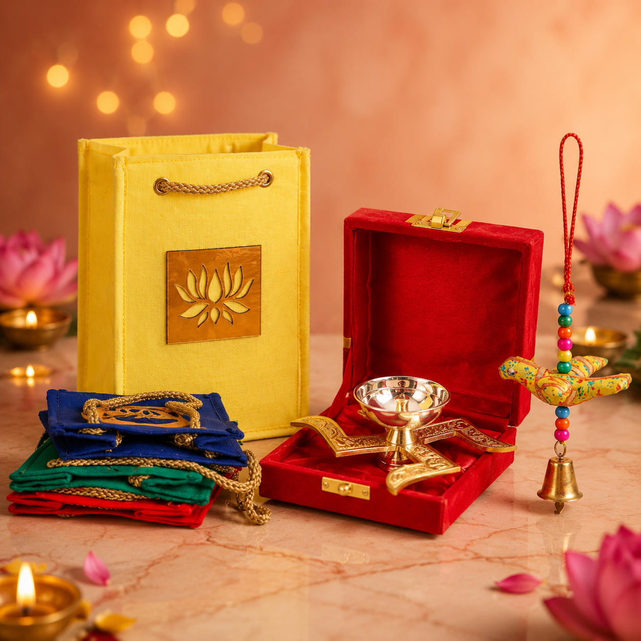 A festive gift set arranged on a marble surface with warm bokeh lights in the background. The set includes a yellow fabric gift bag with a lotus emblem, a red velvet box containing a gold diya, folded blue and green fabric pieces with gold detailing, and a colorful hanging ornament with a small gold bell.
