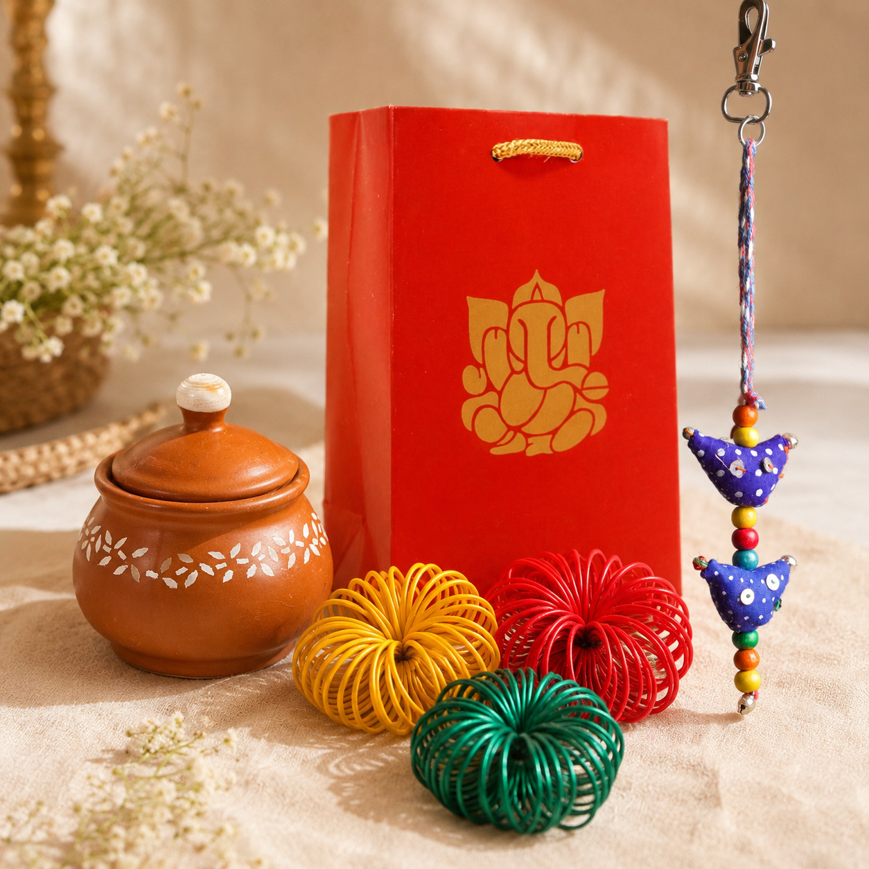 A red gift bag with a gold Ganesha illustration stands on a beige fabric surface, surrounded by decorative items including a terracotta pot, three colorful coiled ornaments, and a hanging beaded charm.