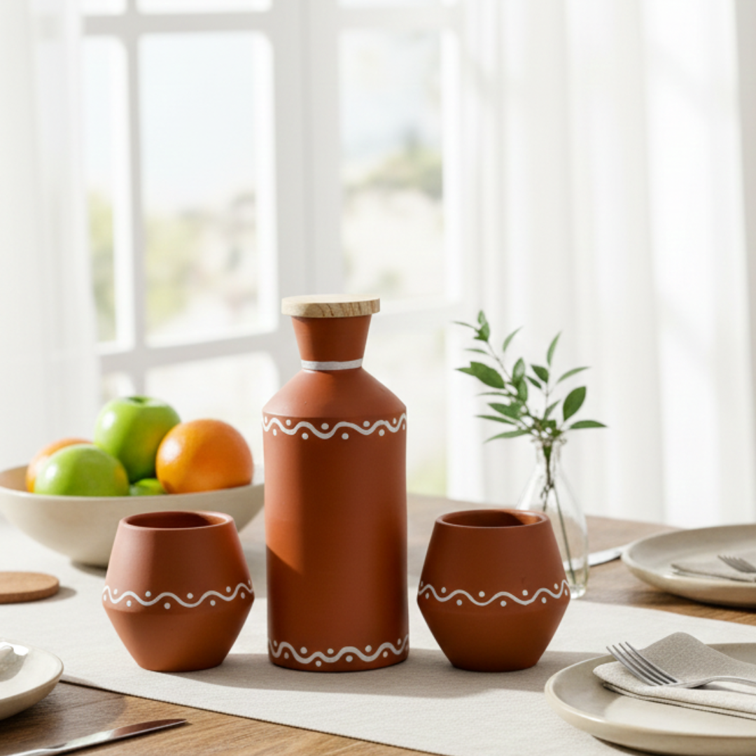 Clay Water Bottle with 2 Glasses