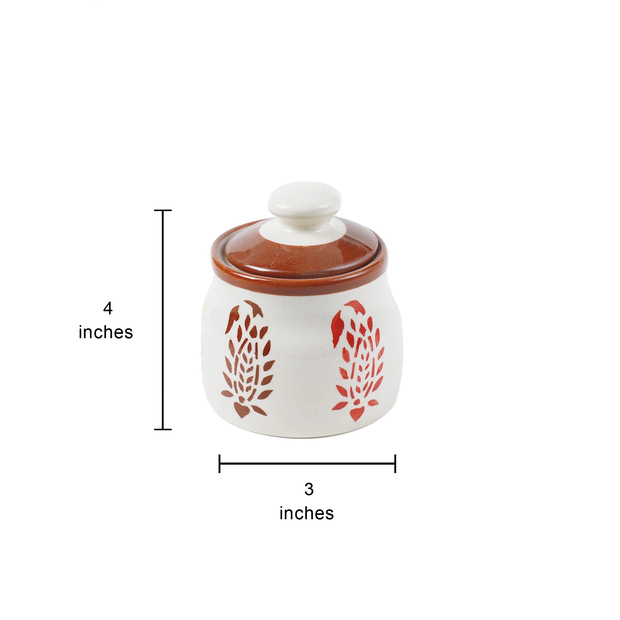 A small white ceramic jar with a brown lid and red leaf pattern, shown with dimension lines indicating 4 inches in height and 3 inches in width.