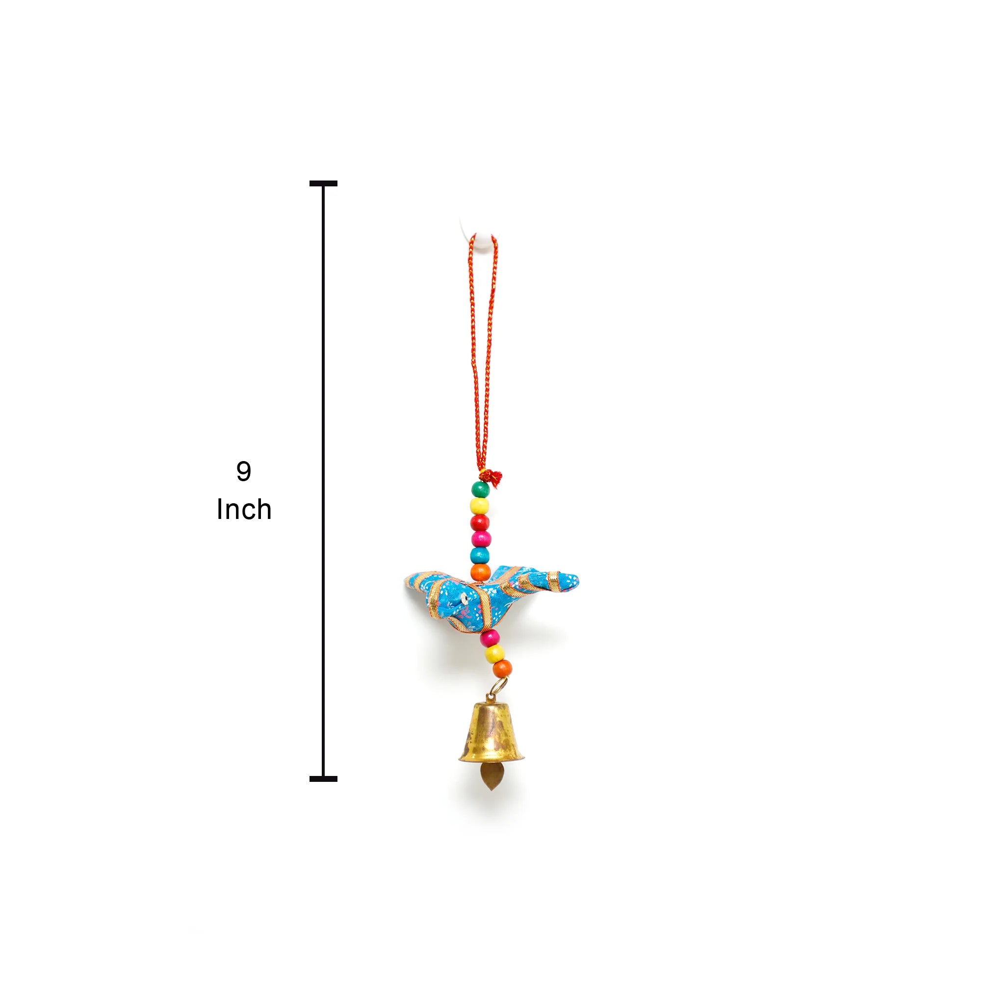 A hanging decorative ornament with a small gold bell, colorful beads, and a blue patterned fabric piece, shown on a white background with a vertical measurement marker indicating 9 inch height.