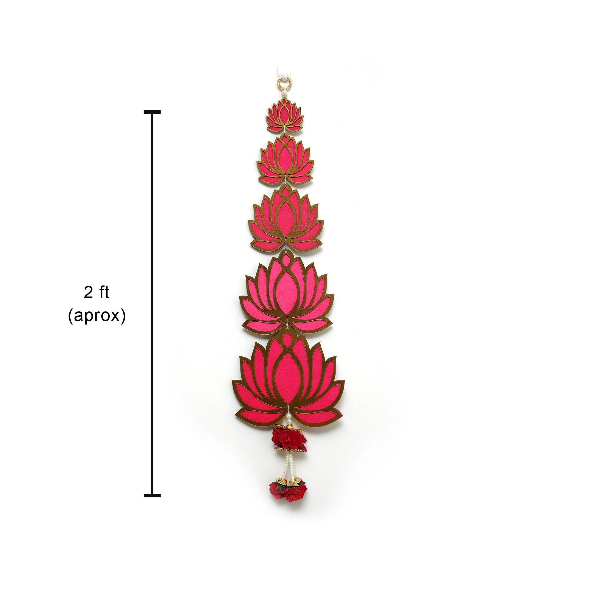 A vertical hanging decorative garland made of five stacked lotus-shaped pieces in bright pink and red with gold-toned outlines, shown on a white background with a black height marker reading 2 ft (approx).