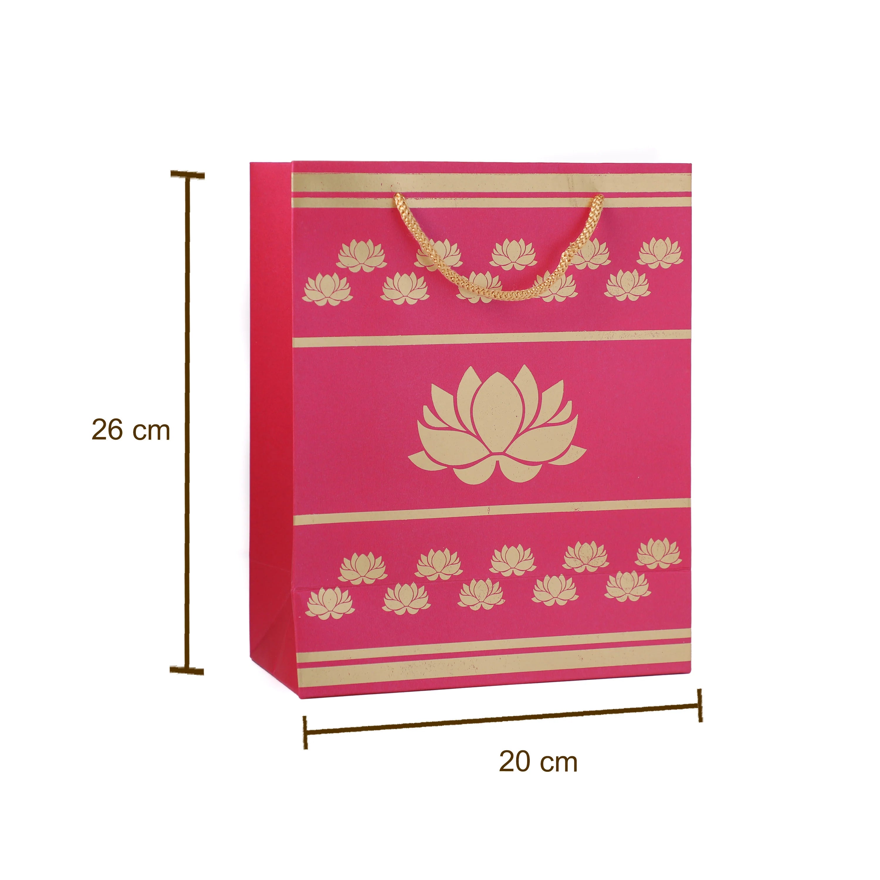A pink gift bag with gold lotus flower patterns and gold rope handles, shown with dimension lines indicating a height of 26 cm and a width of 20 cm on a white background.
