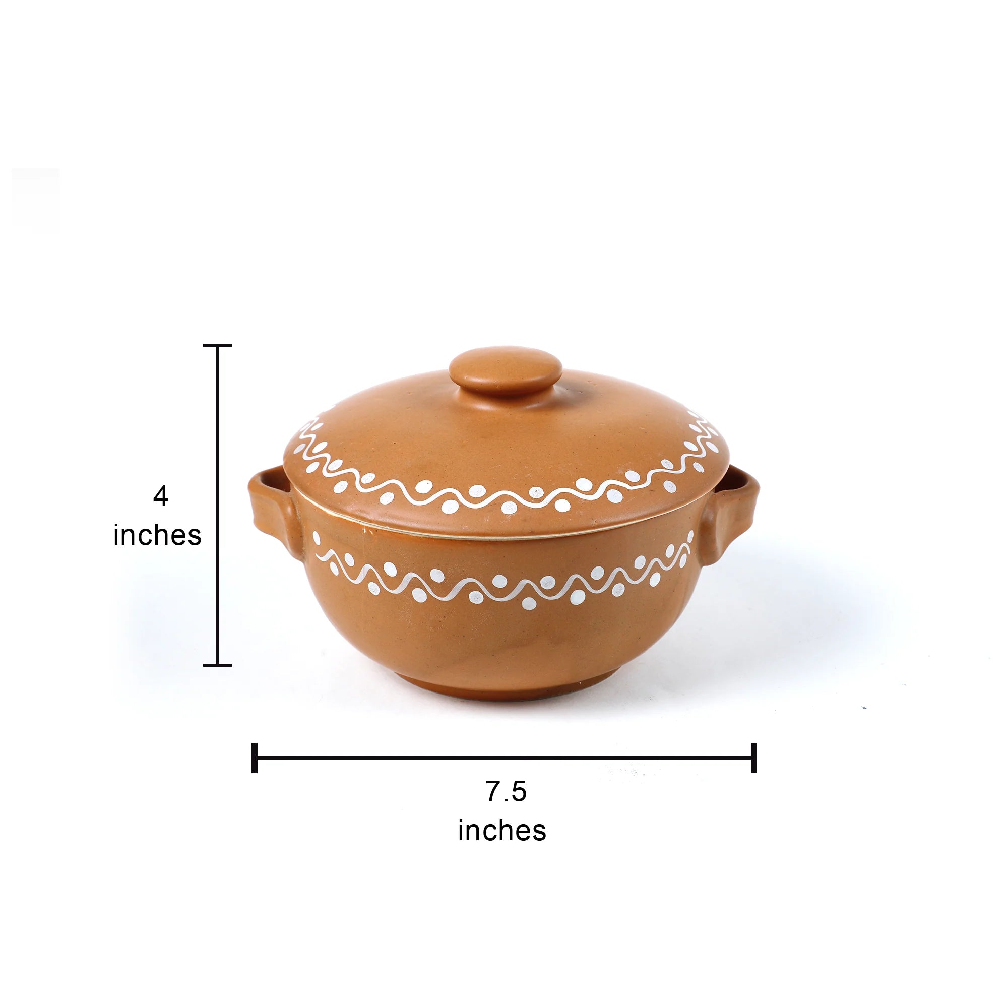 A terracotta-colored ceramic lidded casserole dish with side handles and white decorative wavy patterns, shown with dimension lines indicating a height of 4 inches and a width of 7.5 inches on a white background.