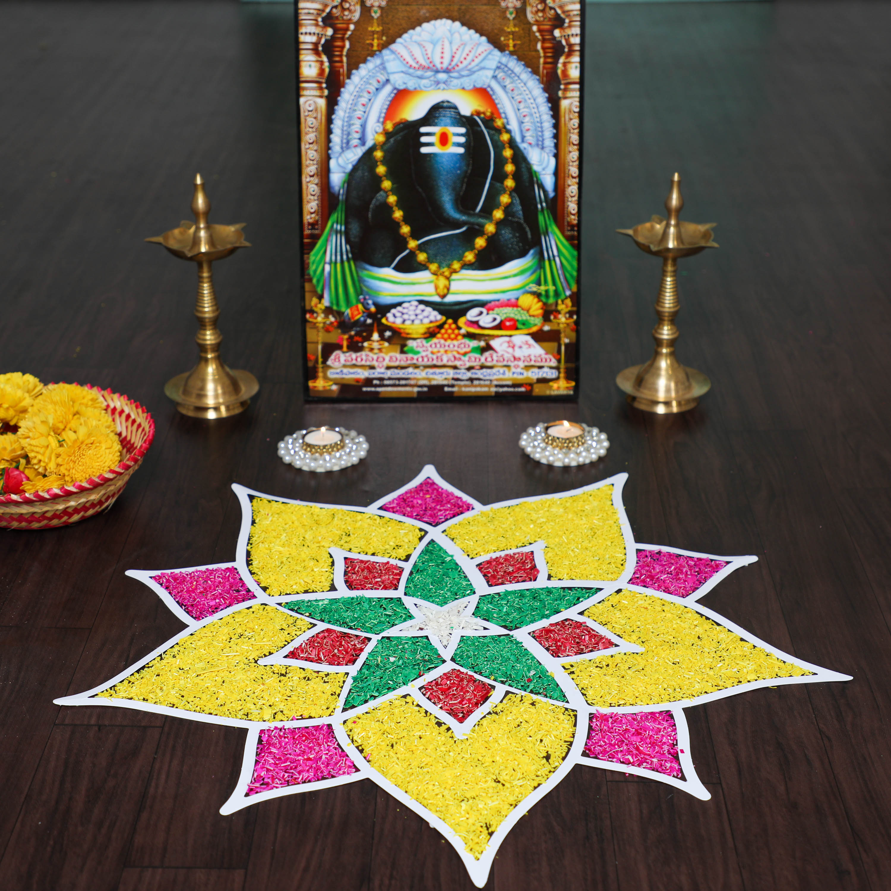 Pooja Mandir and Indian Pooja Decor Rangoli