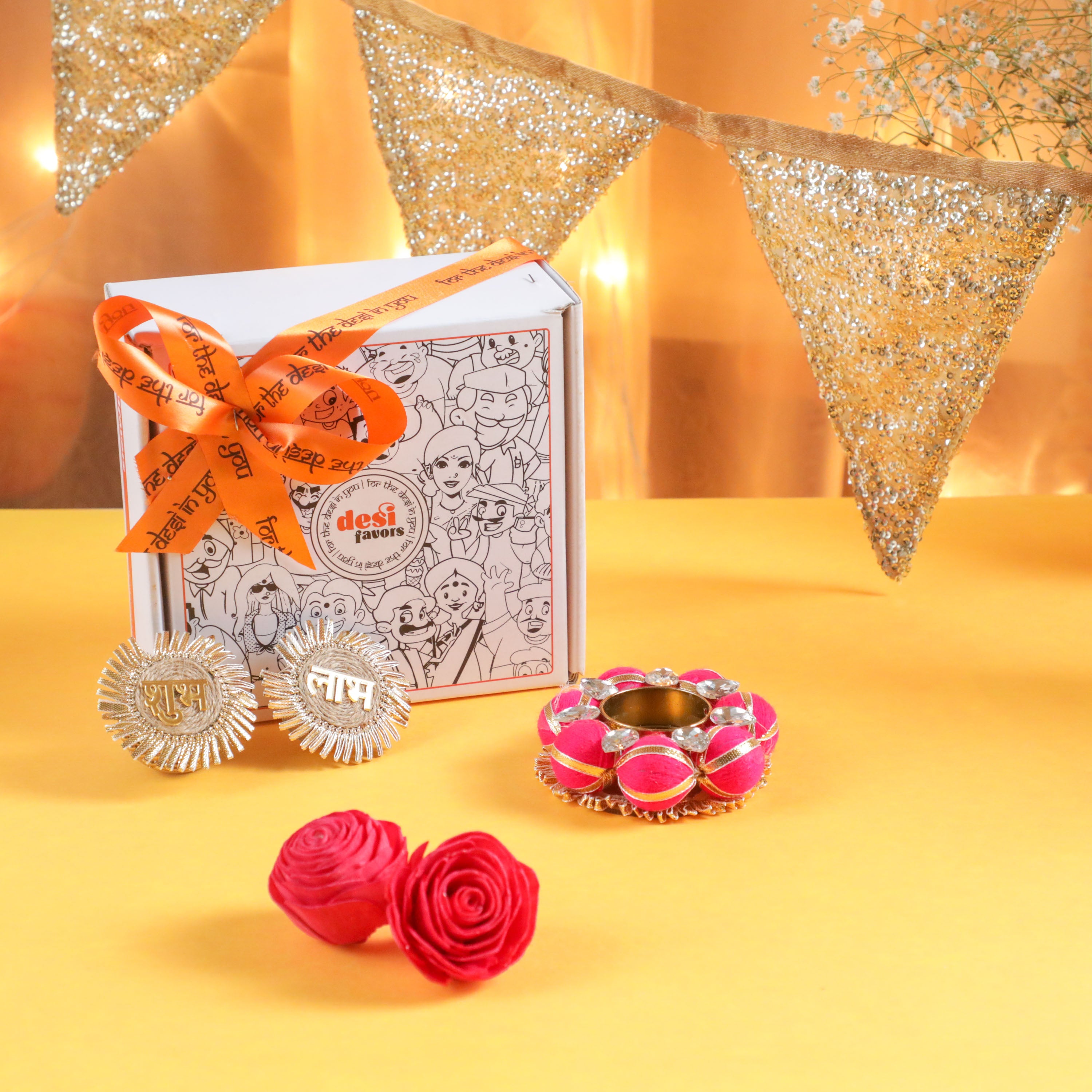 Diwali gift set with pompom diya and fabric baunting