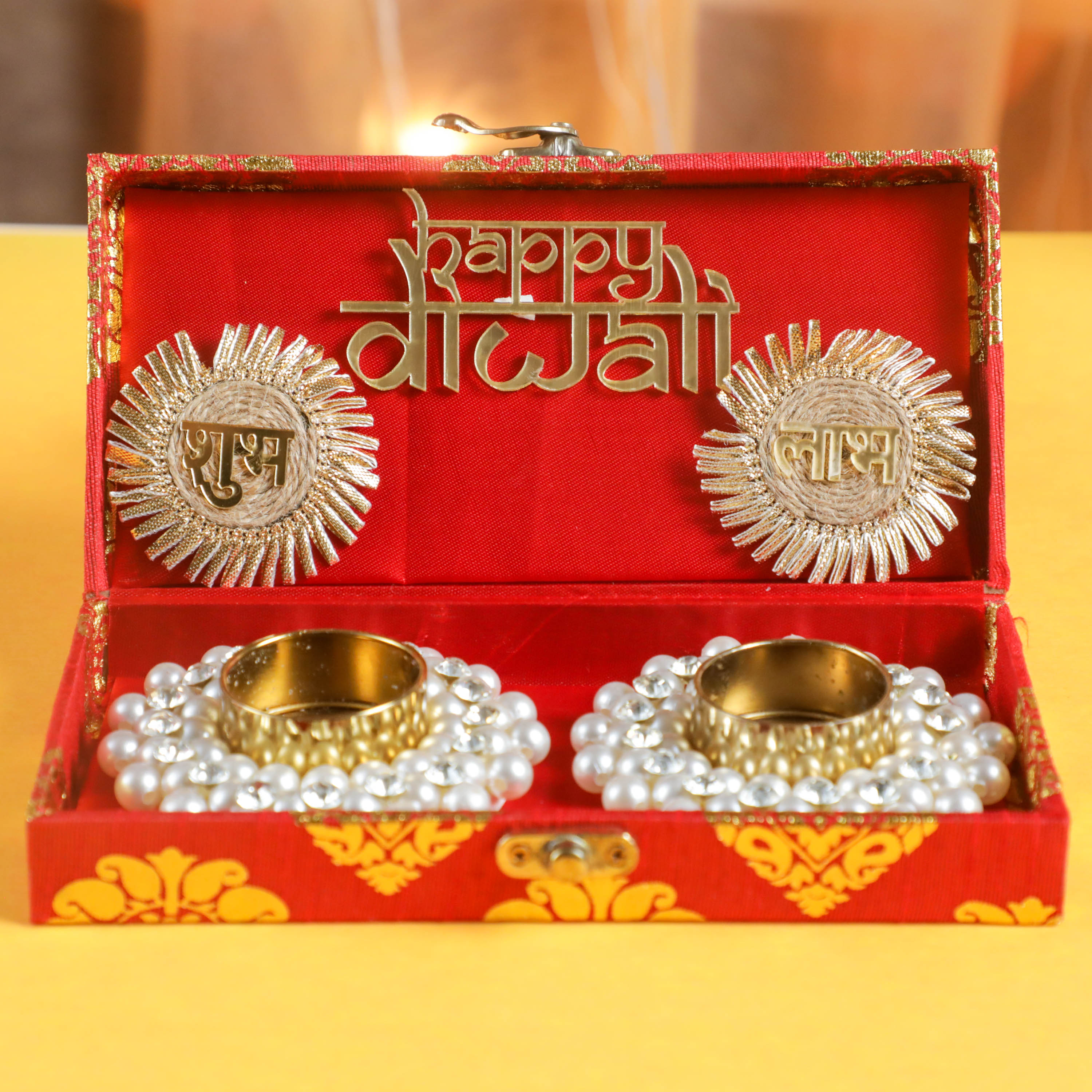 Pearl Diyas in raw silk box