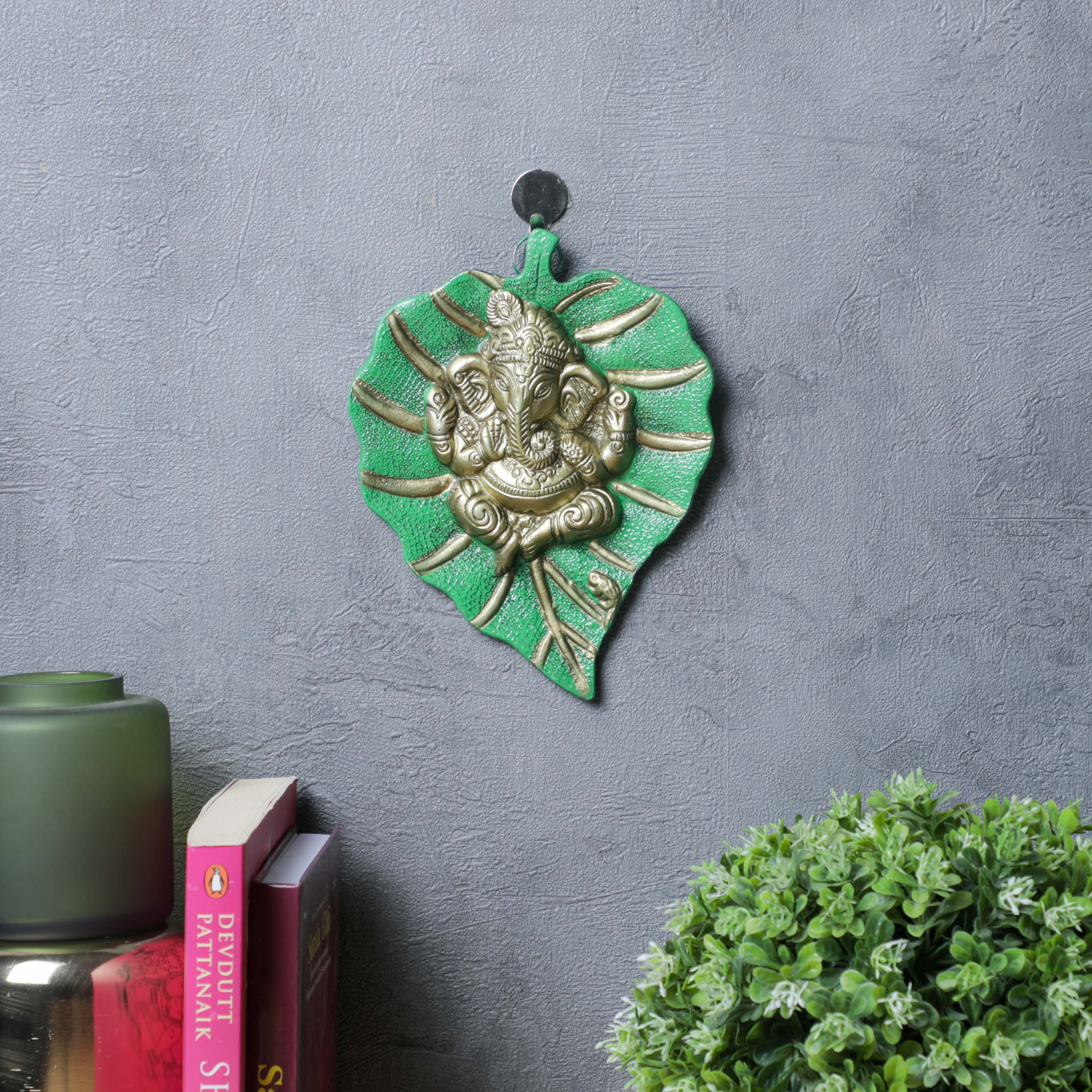 Ganesha on Leaf Metal Wall Hanging