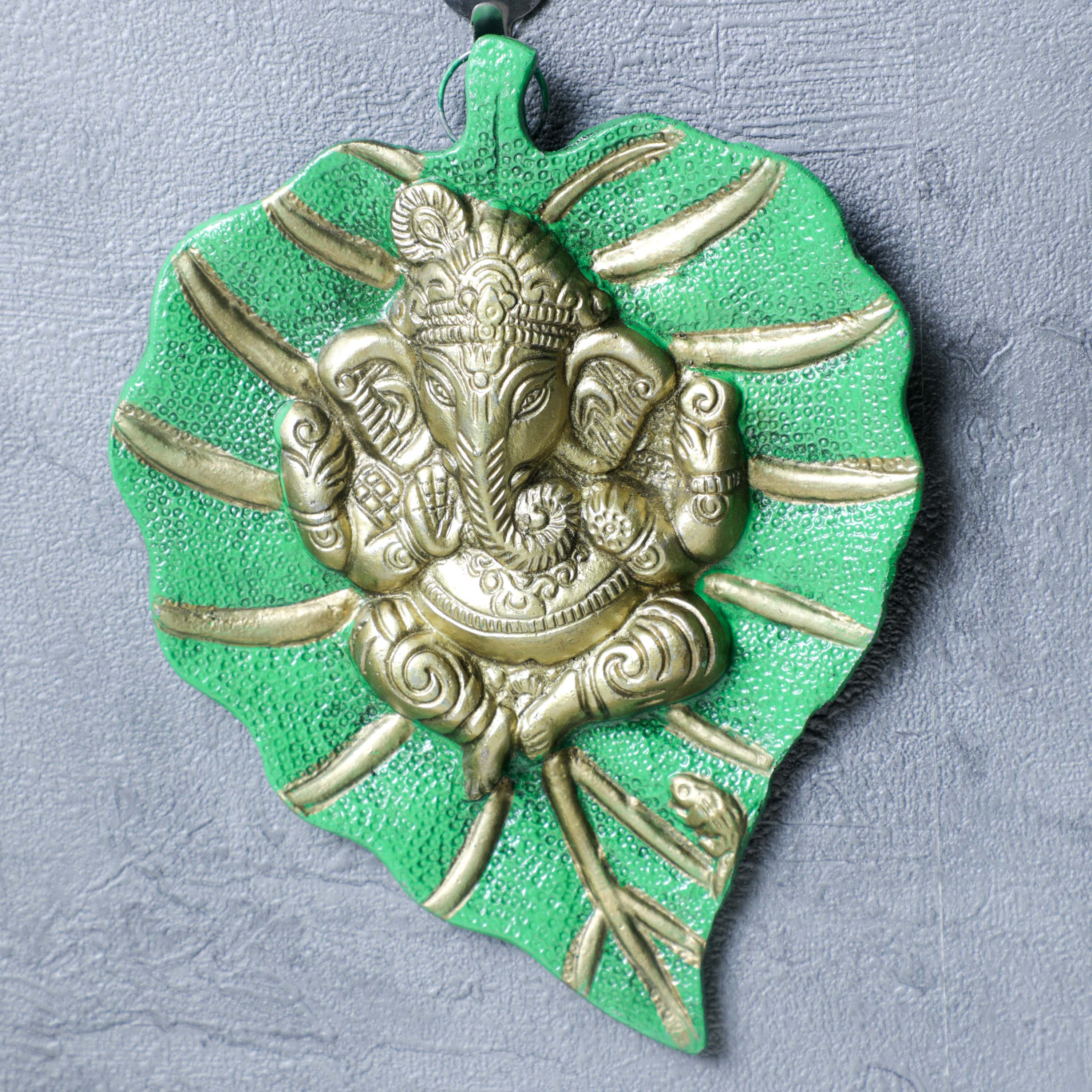 Metal Lord Ganesha on Leaf Decorative Wall Hanging Showpiece