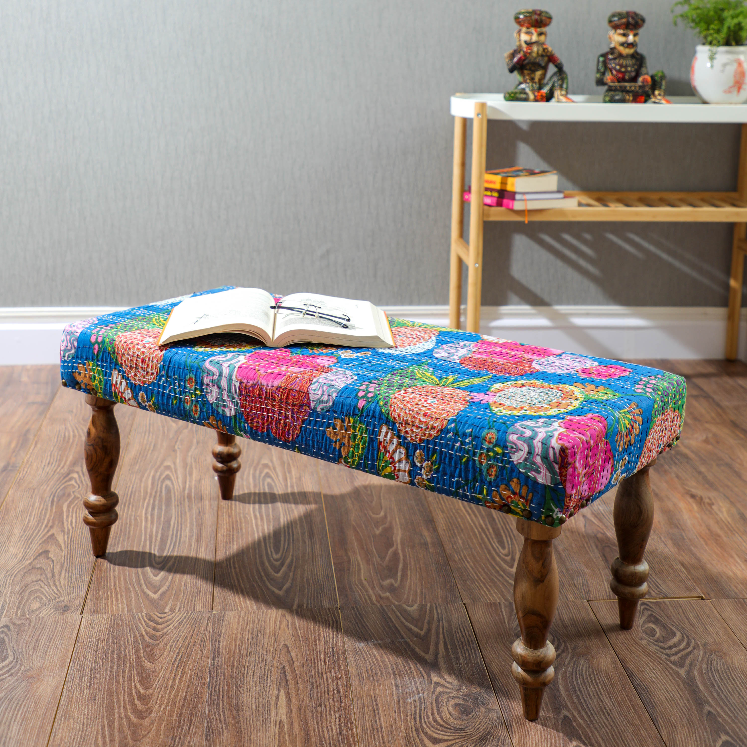 Buy Cairo Bench in Royal Blue Floral Fabric | Indian Home Decor in USA