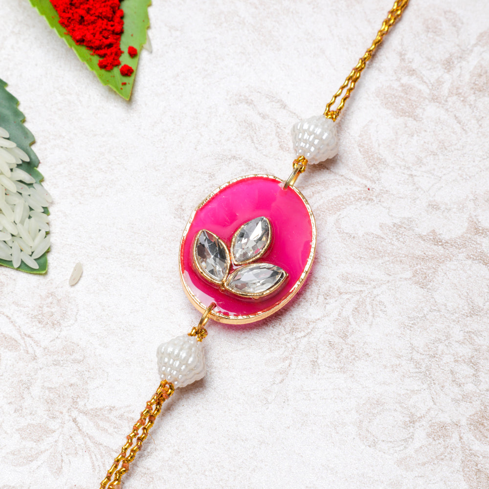 Exquisite Pearl and Pink Kundan Enamel Rakhi