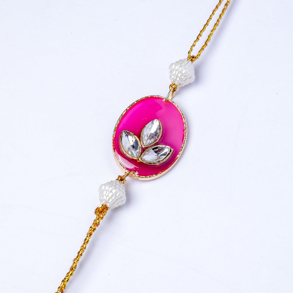 Exquisite Pearl and Pink Kundan Enamel Rakhi in usa