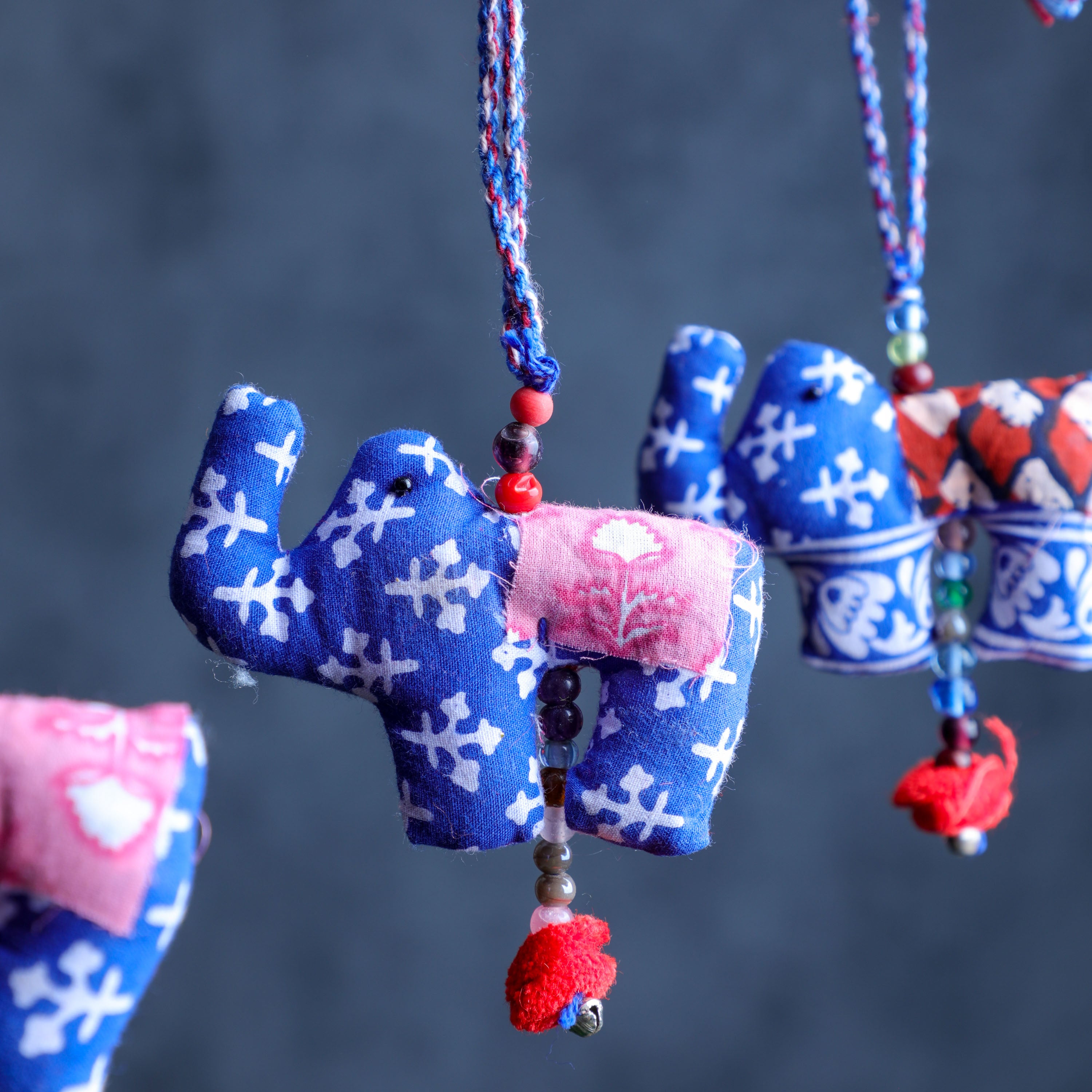 handmade blue elephant fabric hanging