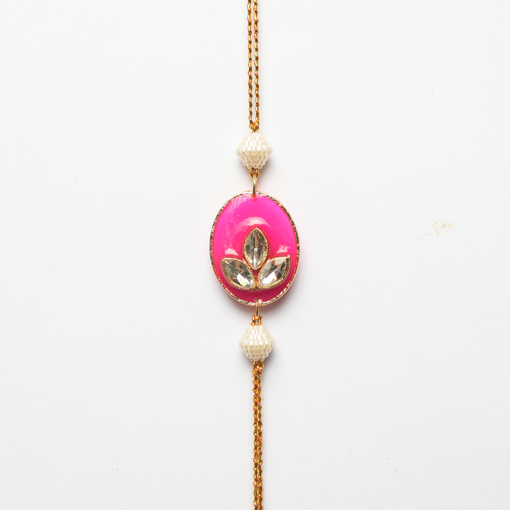 Exquisite Pearl and Pink Kundan Enamel Rakhi