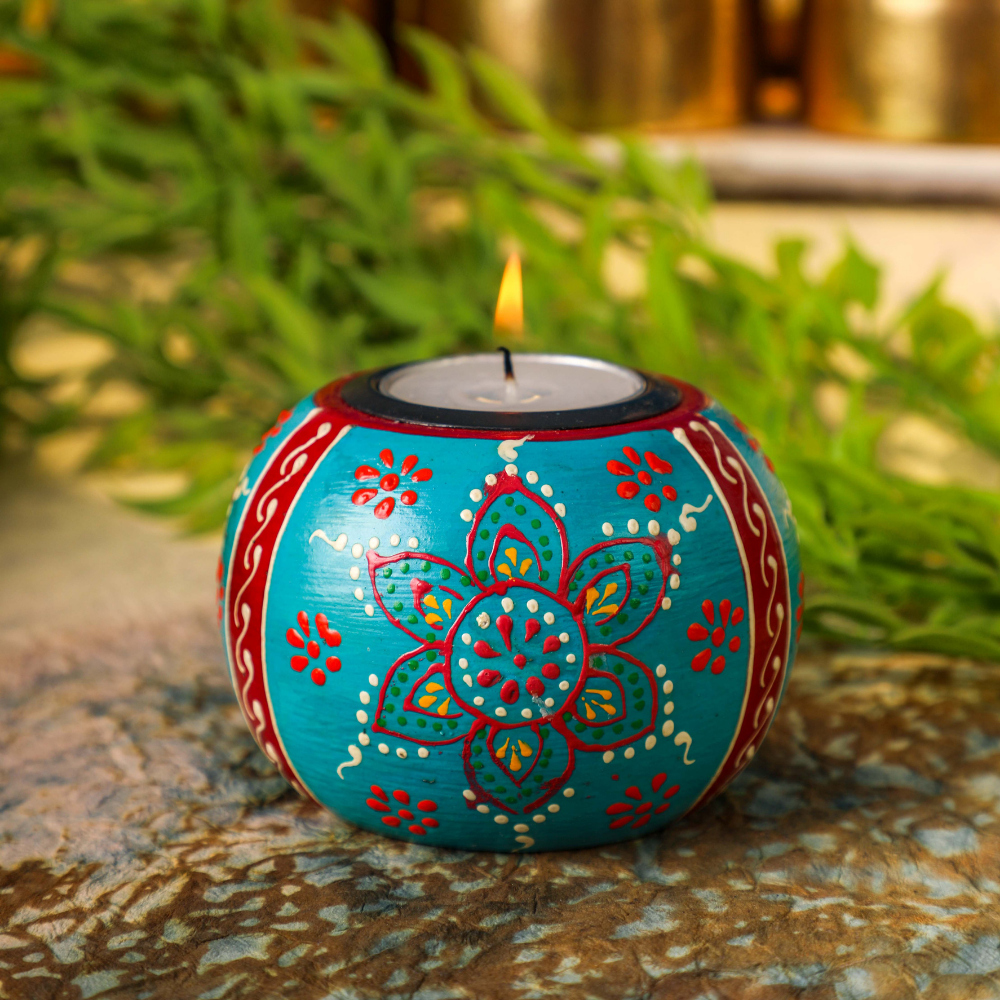 Teal Henna print tealight holder for home decor