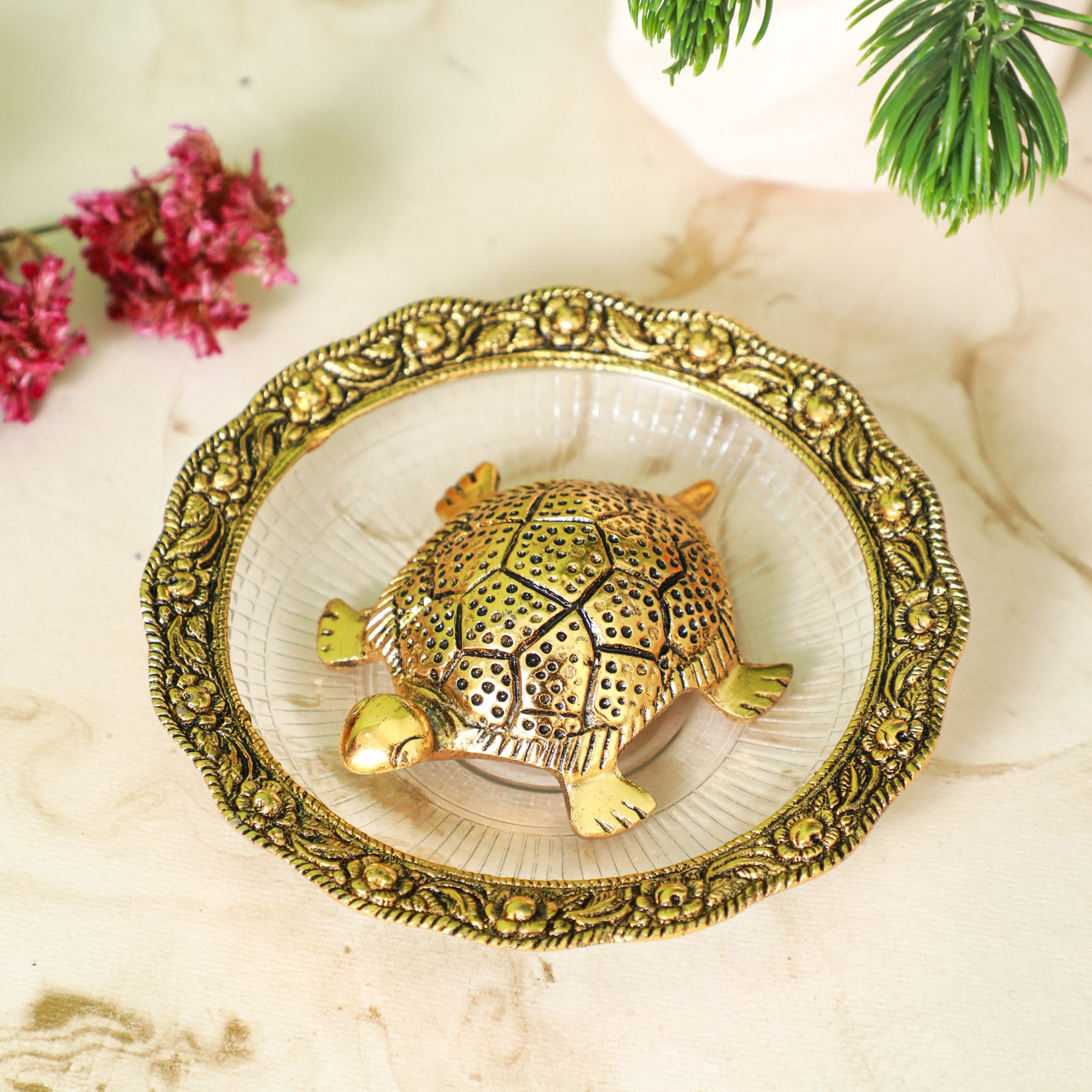 Gold Tortoise with Water Bowl for Indoor decor in the USA